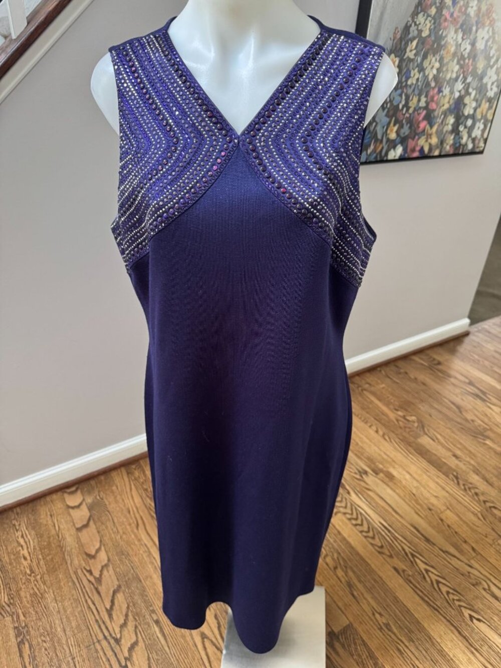 ST JOHN Beaded Embellished Wool Santana Knit Sleeveless Midi Dress Purple 16